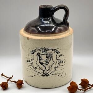 Vintage Stoneware Whiskey Jug Brown And White Rooster Graphic